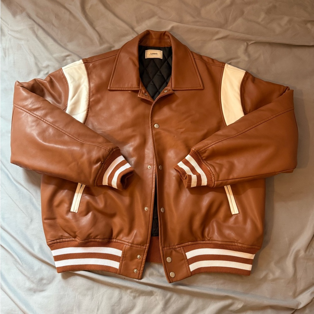 Brown Bomber / Varsity type Jacket with Cream Stripes